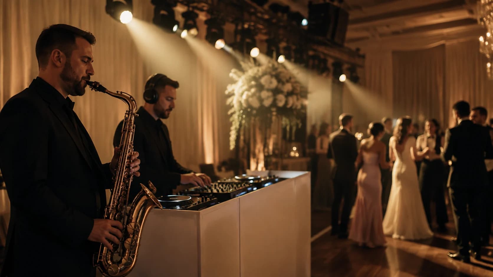 Eleganckie stanowisko DJ-a i saksofonisty przygotowane przy parkiecie weselnym