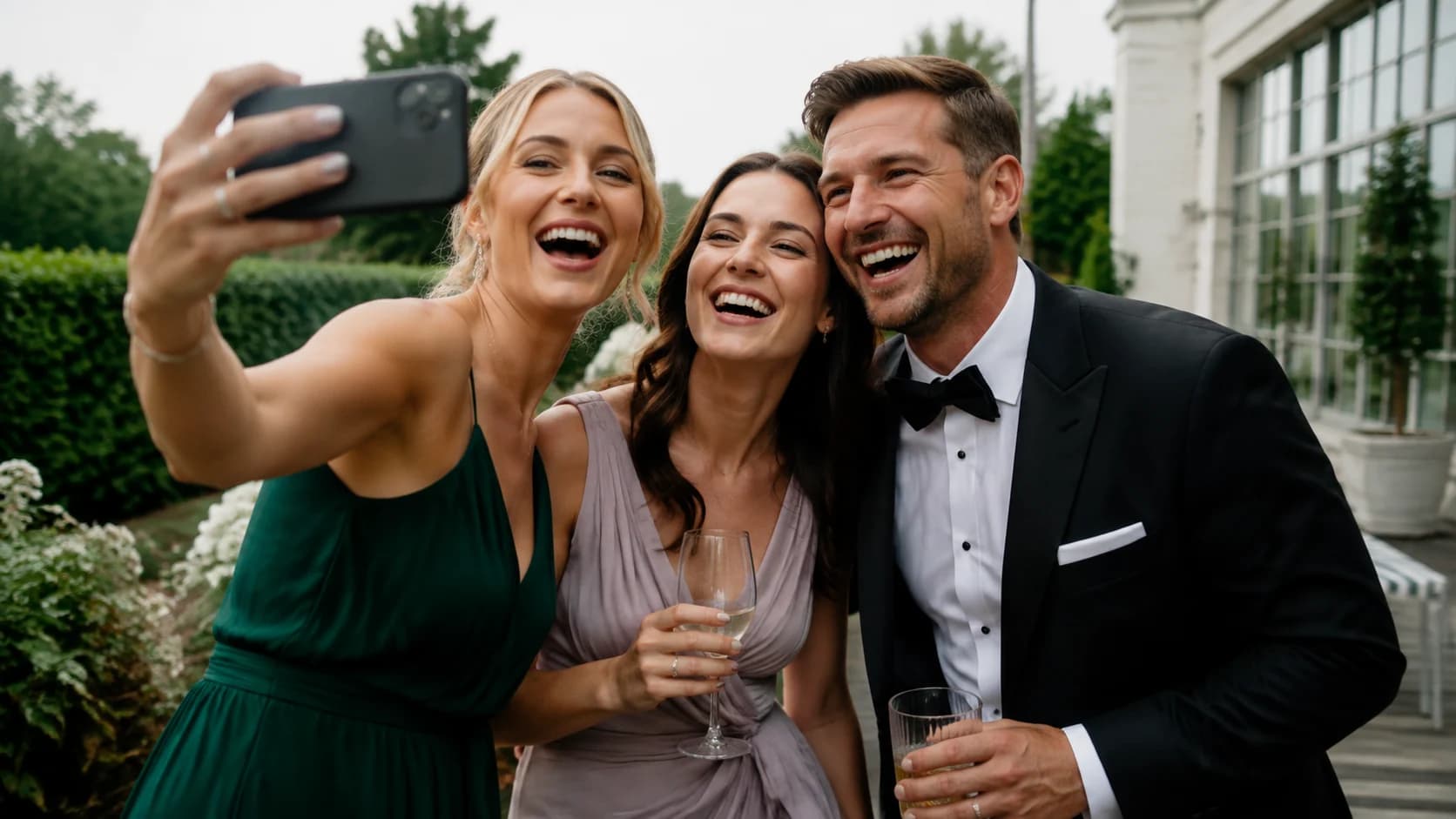 Goście robią wspólne zdjęcie na tarasie po zakończeniu ceremonii
