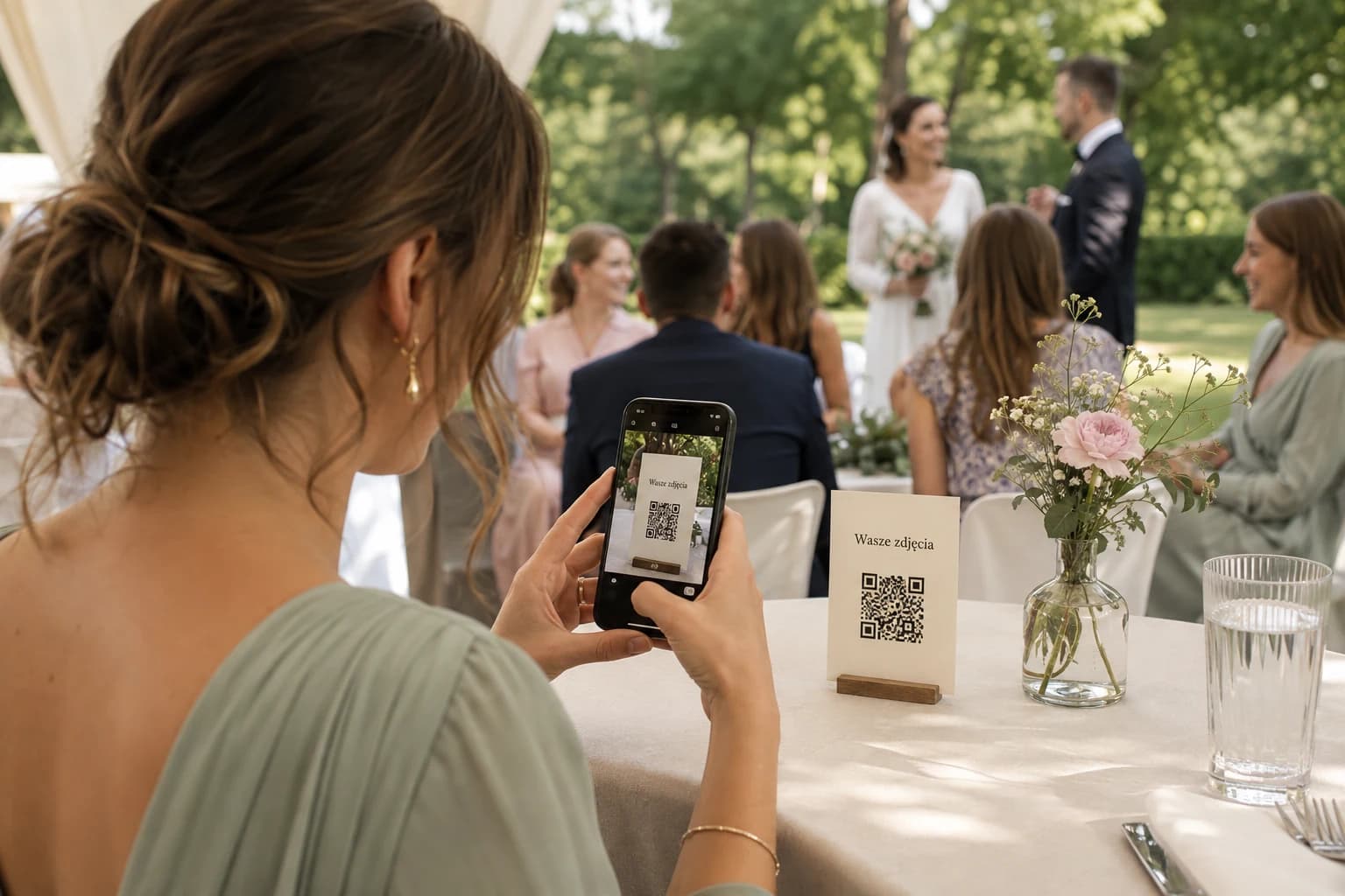 Gość kieruje telefon na kartę z kodem QR przy weselnym stoliku