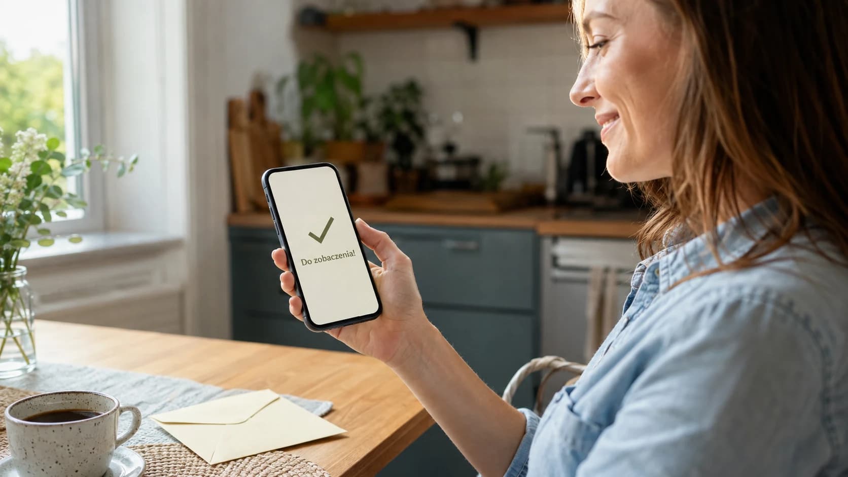 Kobieta odczytuje potwierdzenie odpowiedzi na zaproszenie na telefonie