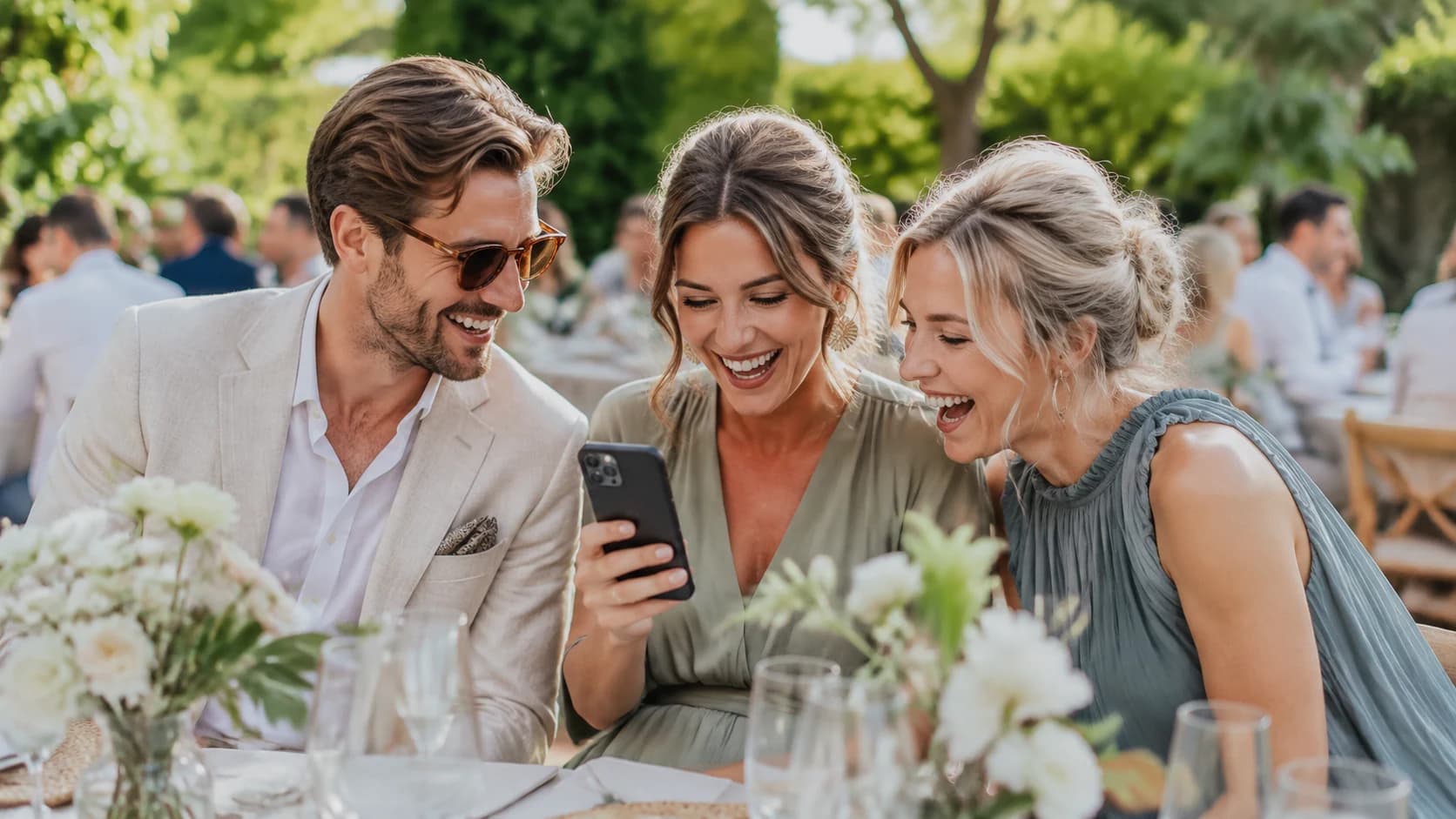Goście weselni wspólnie oglądają zdjęcia na telefonie